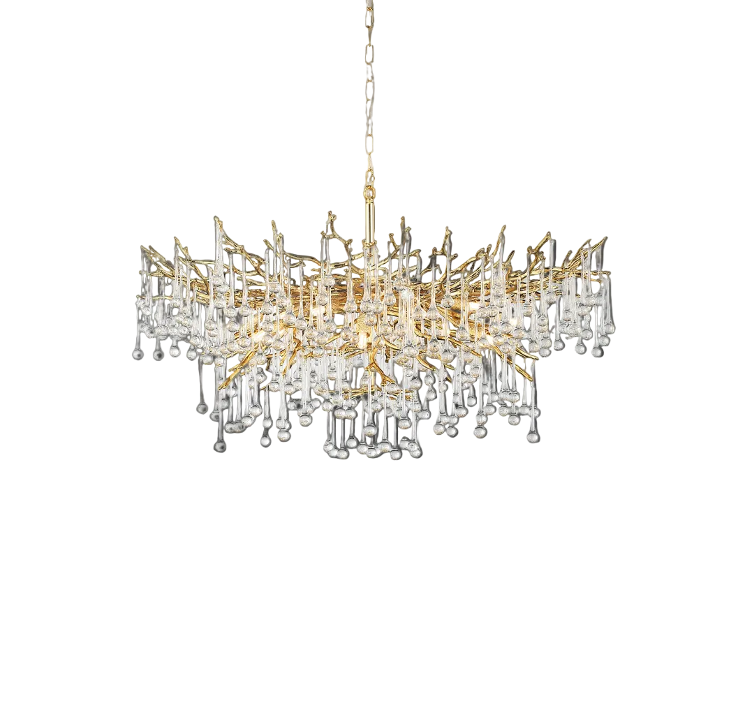 A close-up view of the Vorelli L’Albero d’Oro Circular Chandelier III, highlighting the intricate branching forms and glowing suspended glass droplets that create a warm, luxurious ambiance.