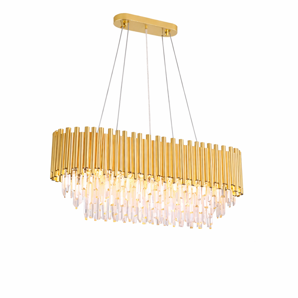 A close-up view of the VORELLI Savoriti Rectangular Chandelier, showcasing the intricate fusion of crystal bars and sleek cylindrical tubing.