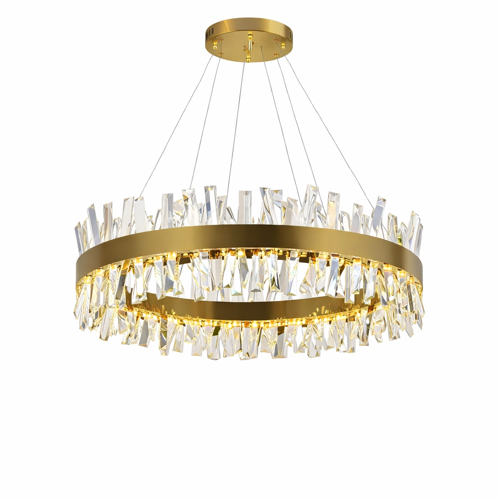 A detailed closeup of the VORELLI Malahide Circular Chandelier showcasing the intricate arrangement of premium crystal bars refracting sharp light beams.