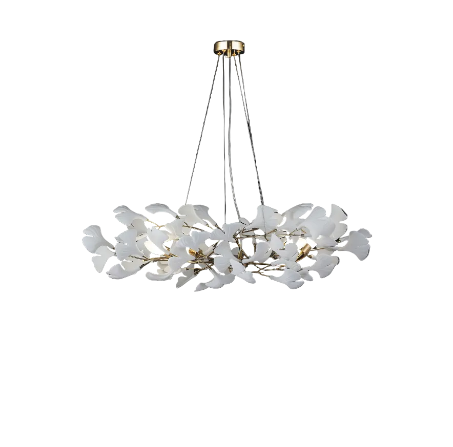 A detailed perspective of the Prano Circular Chandelier III, highlighting the delicate texture of the floral glass elements and their soft, ambient illumination.