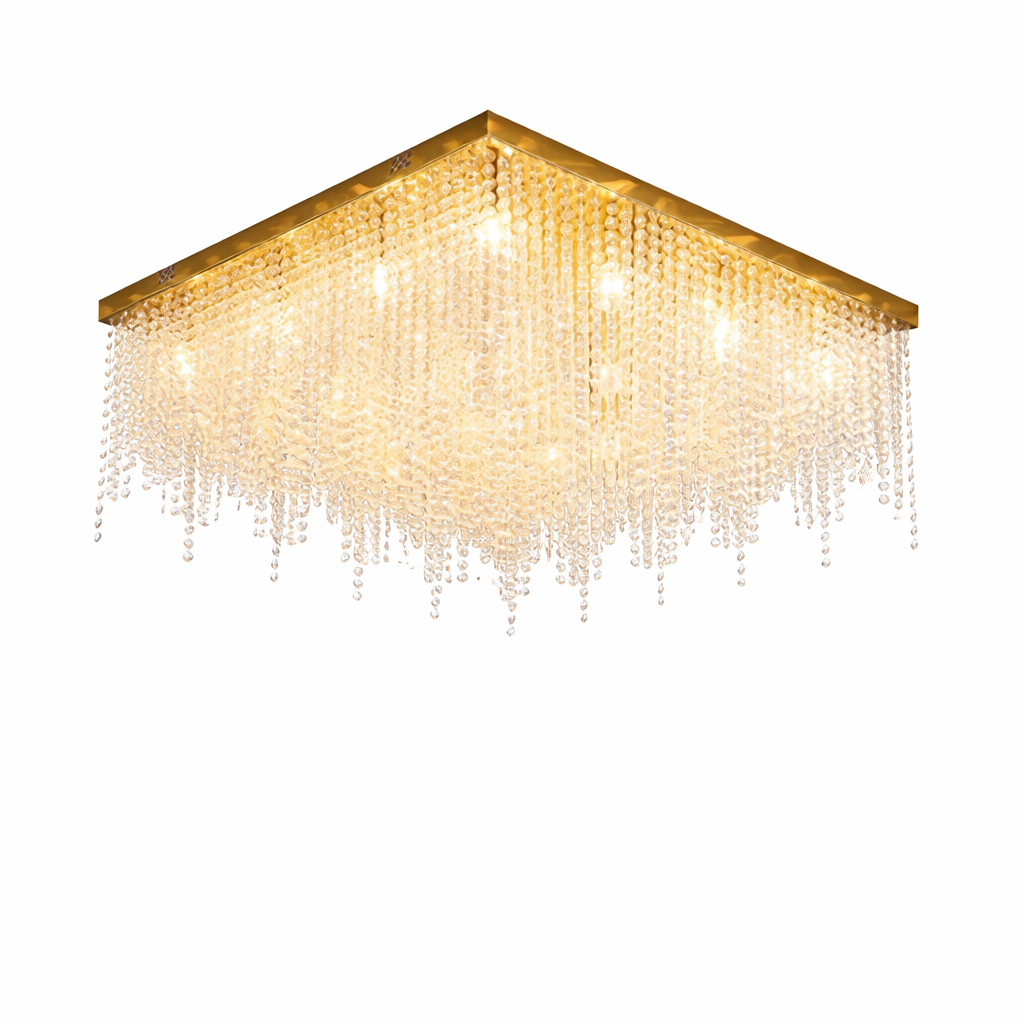 A detailed perspective of the VORELLI Westminster Square Ceiling Light, showcasing the exquisite interplay of light reflecting through precision-cut cascading crystals.