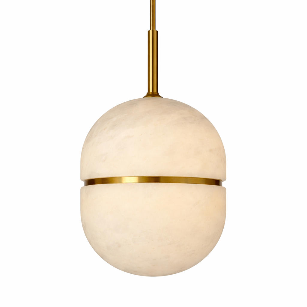 A detailed view of the Evora Marble Pendant Light showcasing its refined capsule form and the subtle texture of the premium marble material under a soft luminescence.