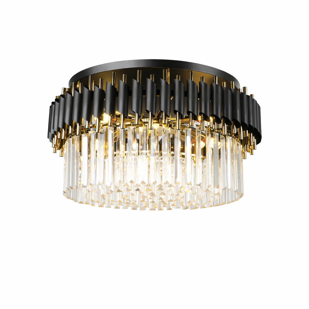 A detailed view of the Milltimber ceiling light's exquisite crystal bars reflecting warm, inviting light with contemporary charm.