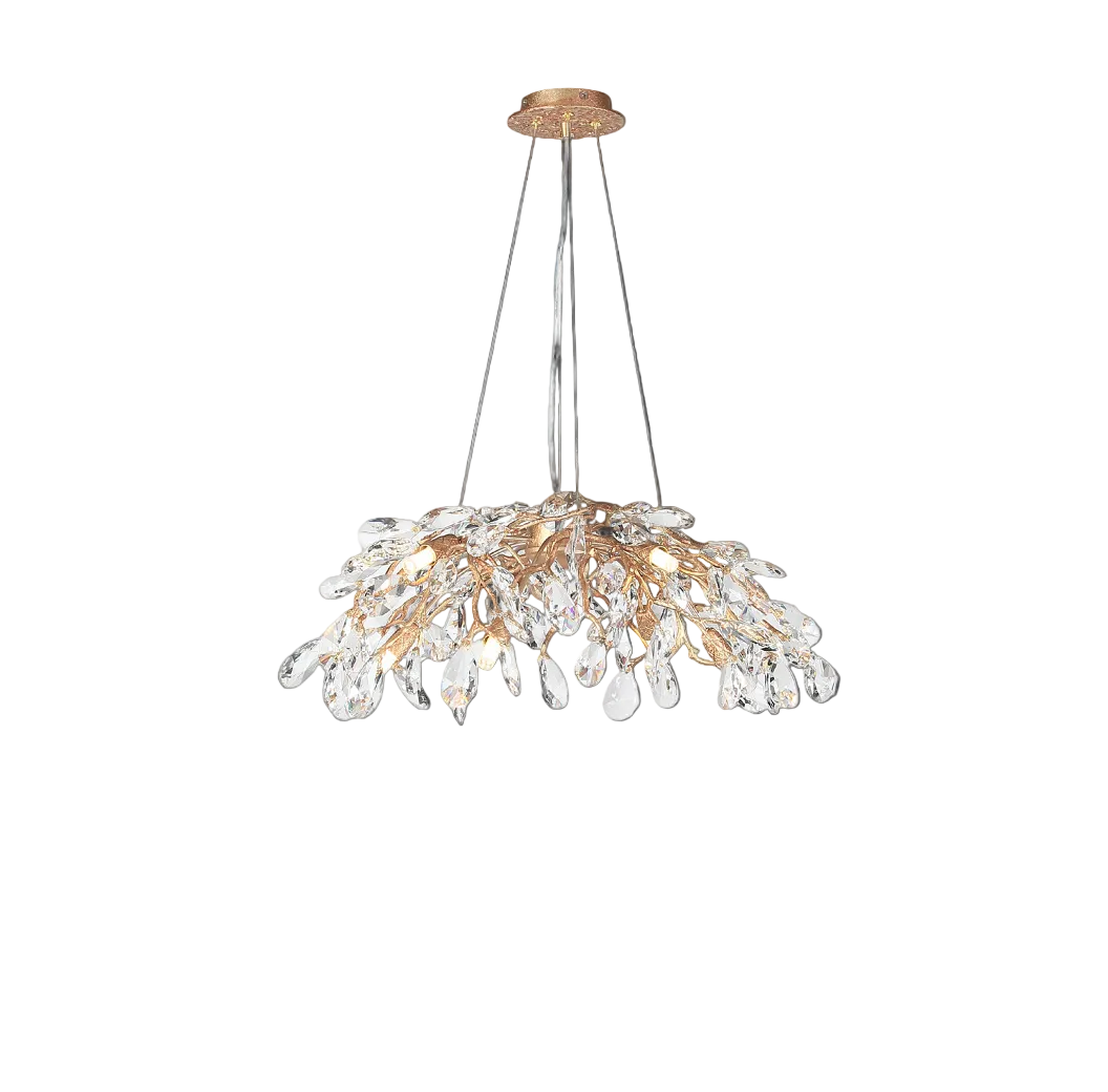 A detailed view of the VORELLI Entwine circular chandelier's elegant crystal drops casting a refined sparkle and deep shadows across an opulent interior setting.