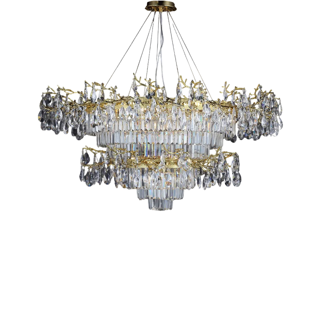 A dramatic low-angle shot of the VORELLI Dewdrop Grandeur chandelier, emphasizing its cascading crystal tiers, opulent glow, and majestic presence within a high-ceilinged luxury interior.