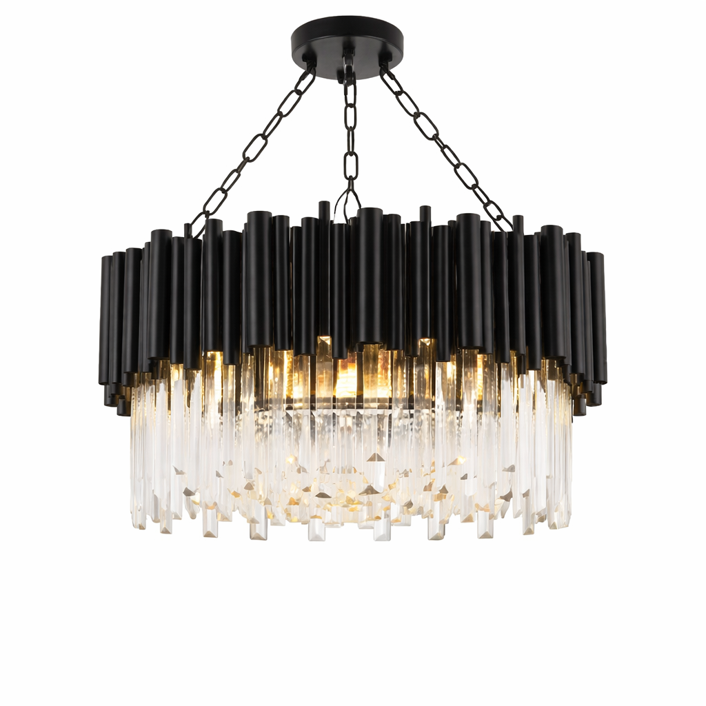 A dramatic low-angle view of the VORELLI Gotham Circular Chandelier capturing its bold architectural silhouette and atmospheric luxury lighting.