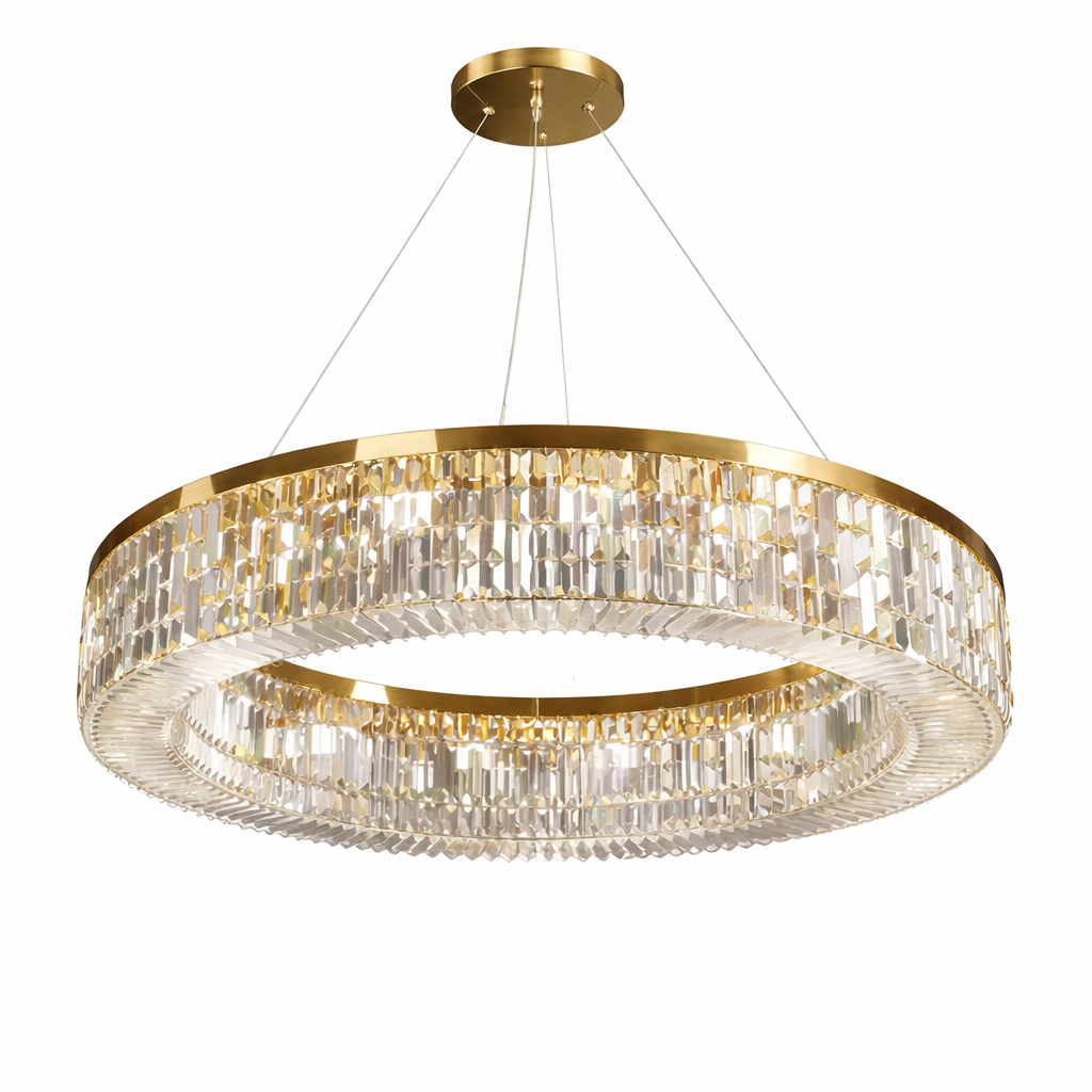 A dramatic perspective of the VORELLI Fira circular chandelier, highlighting the intricate play of light through its premium crystal bars.