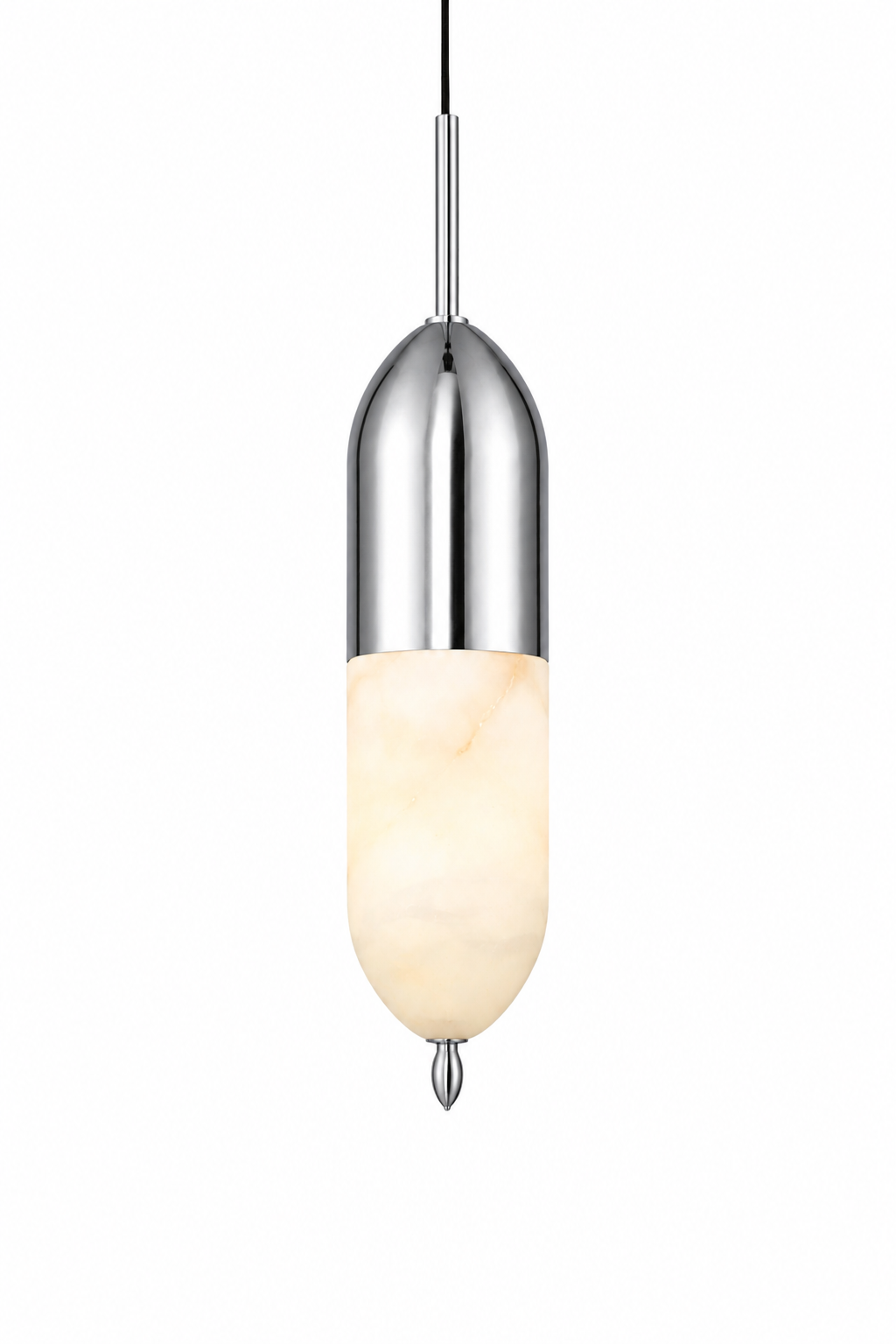 A focus on the polished domed brass top and elegant finial of the Castano pendant light, blending metallic sophistication with solid marble.