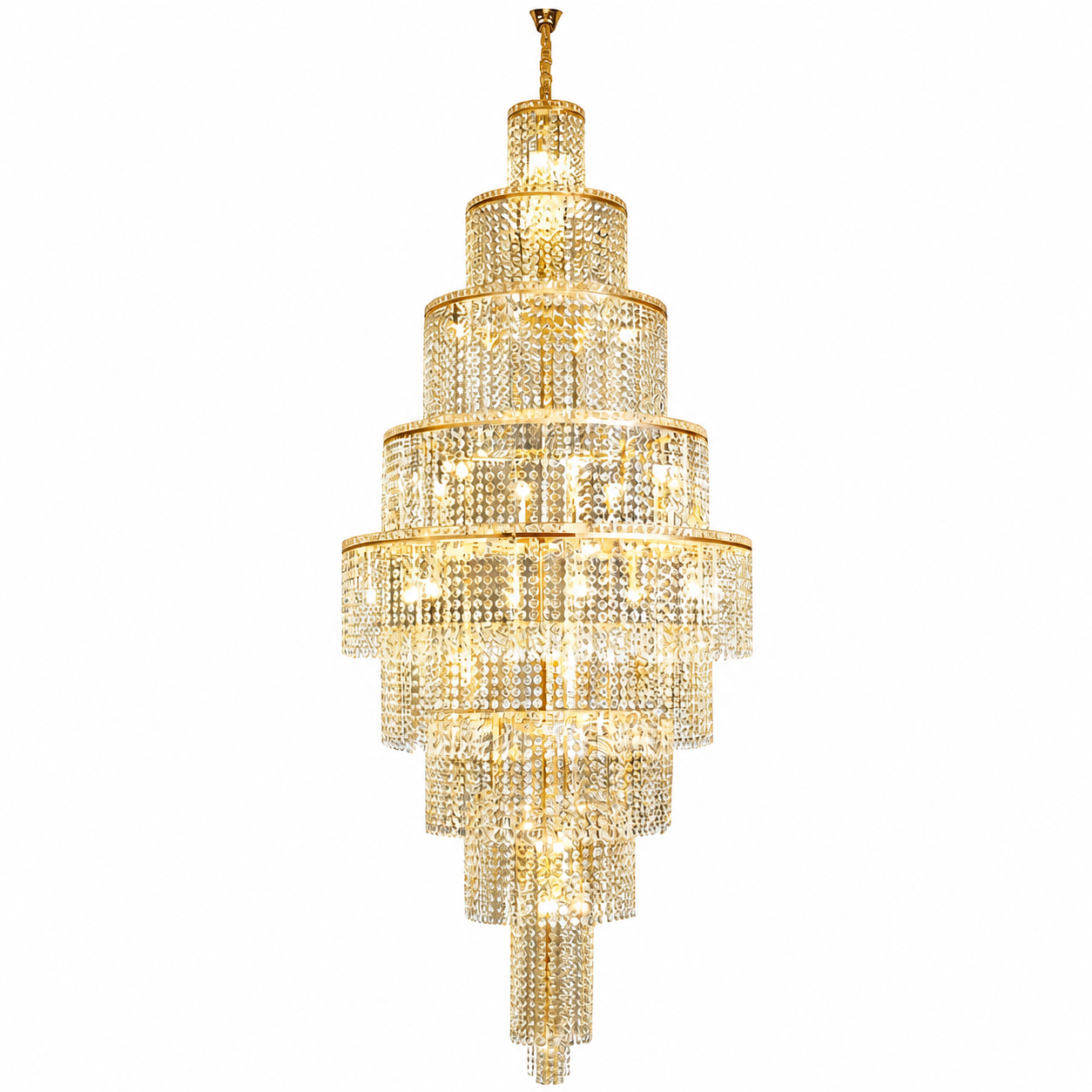 A luxurious close-up of the VORELLI Sassari Ring Staircase Chandelier, highlighting the intricate arrangement of premium square and octagon crystal chains that brilliantly refract light.