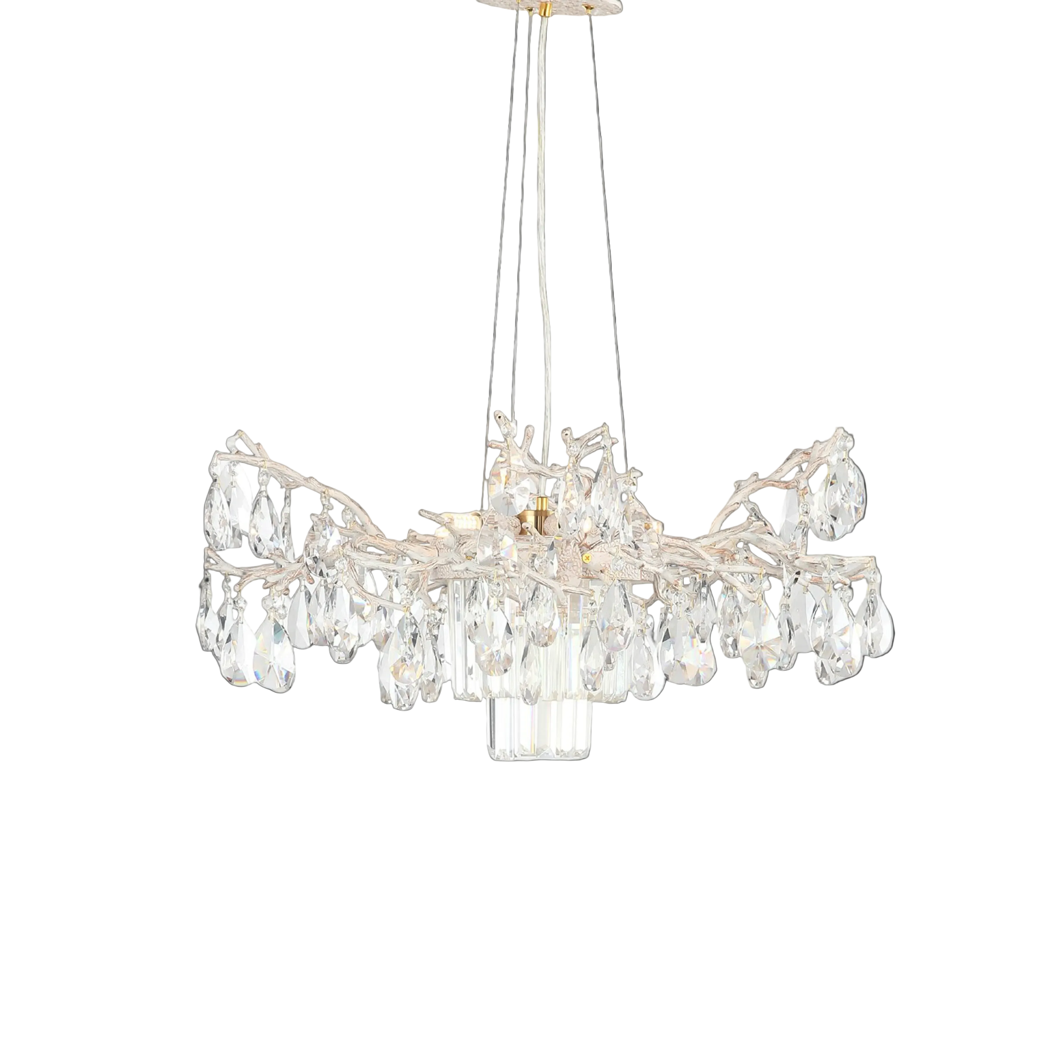 A mood-focused view of the Vorelli Dewdrop Circular Chandelier II, emphasizing the soft brilliance and intricate crystal reflections in a high-end setting.