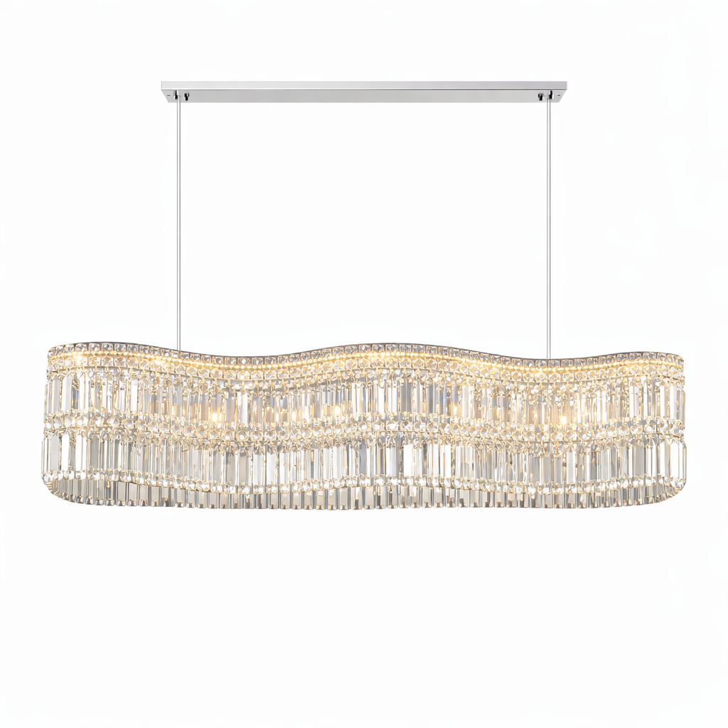 A moody, close-up shot of the Abruzzi Chandelier's faceted crystal elements capturing and reflecting clarity and brilliance.