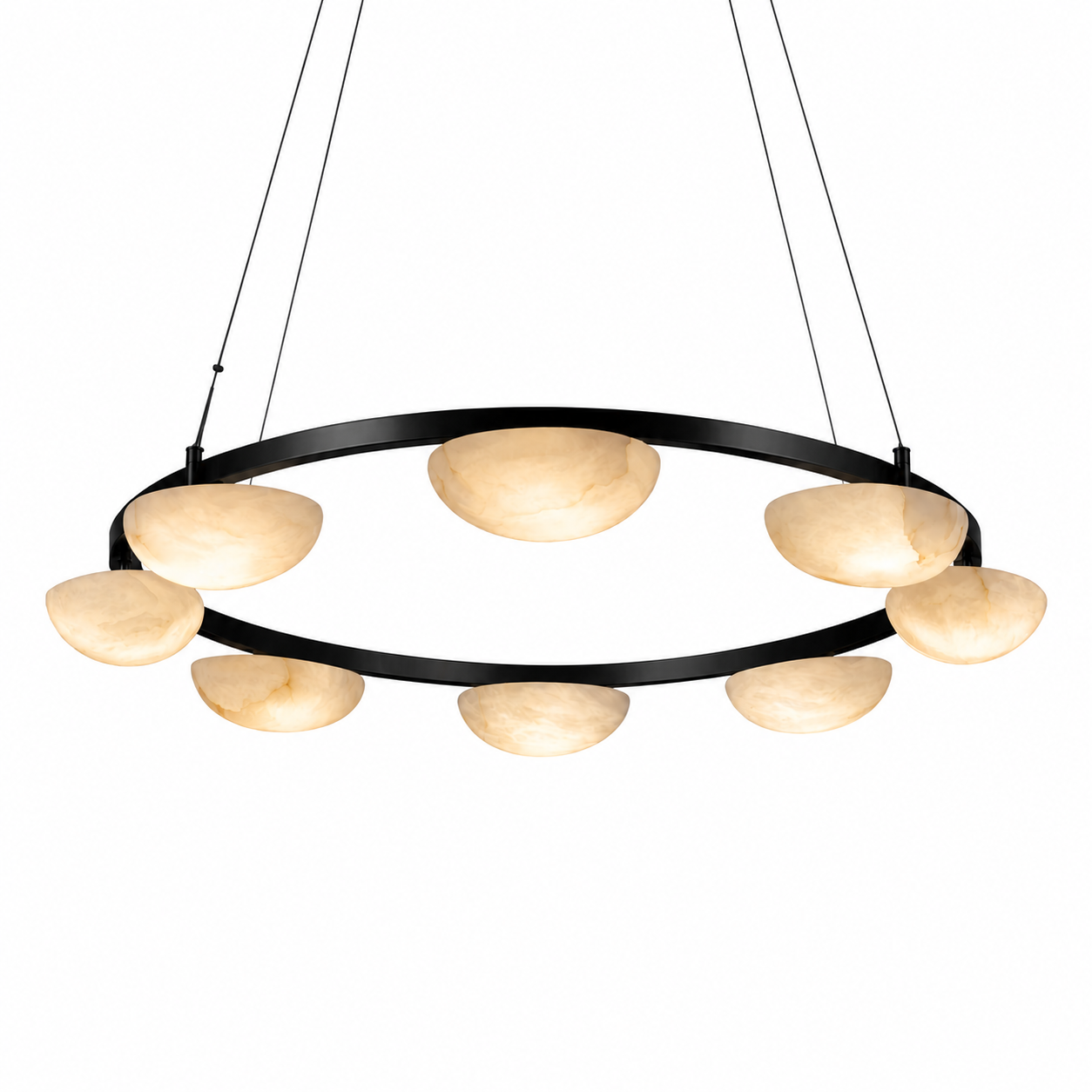 A side-angle perspective emphasizing the slim, minimalist ring profile and seamless architectural aesthetic of the Alba marble chandelier.