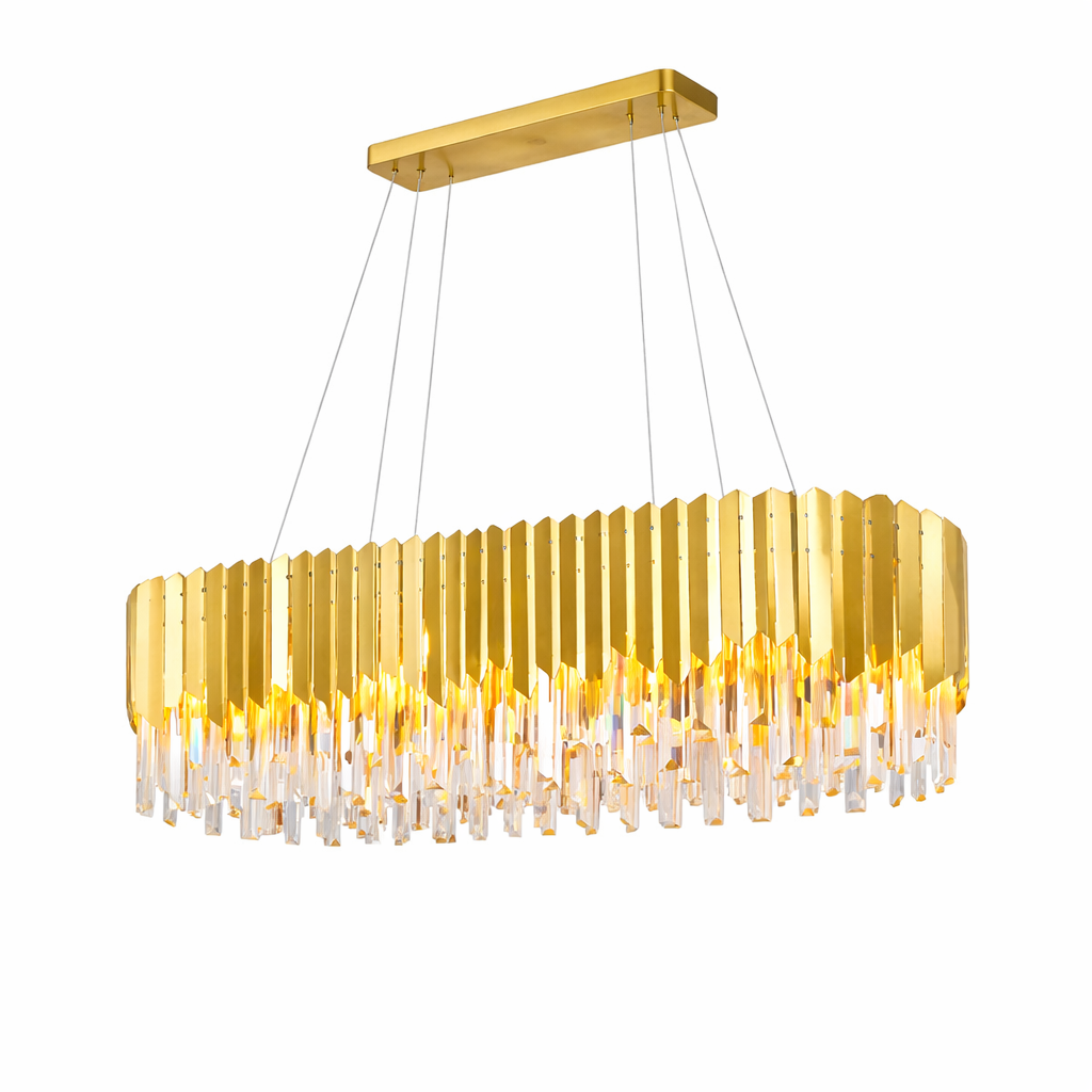 A sophisticated mood shot highlighting the gleaming decorative frame of the VORELLI Manhattan rectangular chandelier against a dark, upscale backdrop.