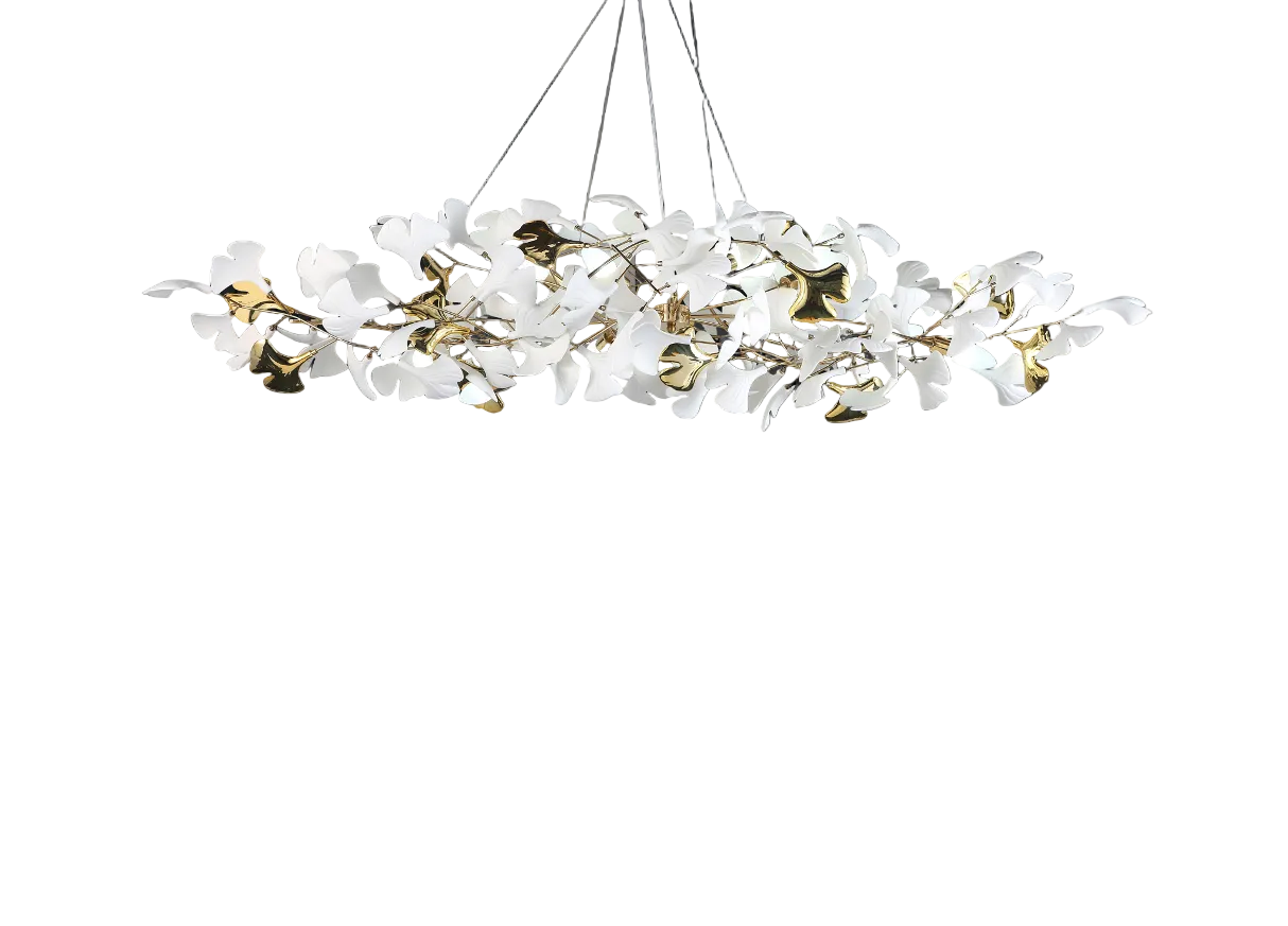 A sophisticated mood shot of the VORELLI Prano rectangular chandelier, emphasizing the artistic texture of its ceramic leaves and warm glow.