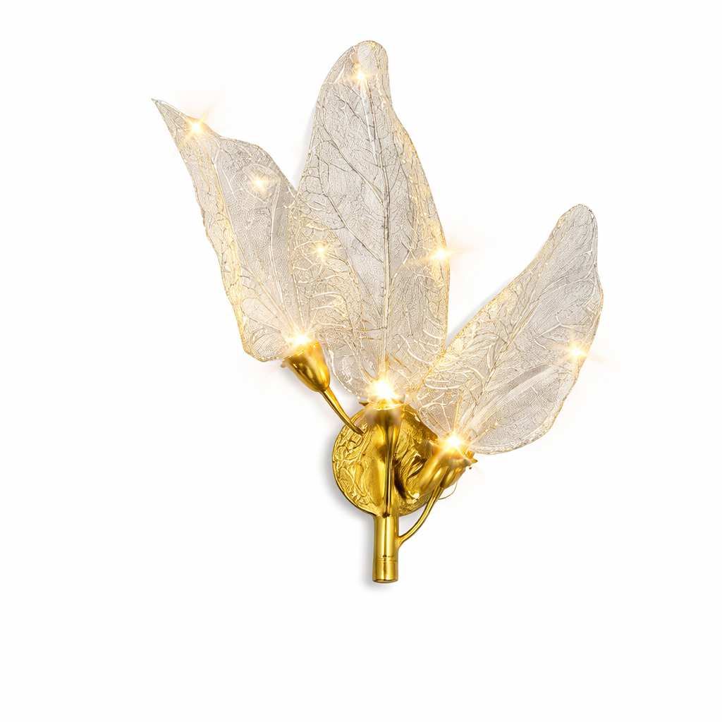 A sophisticated view of the Ottobre wall light by VORELLI, emphasizing its sculptural glass leaves and atmospheric premium lighting.