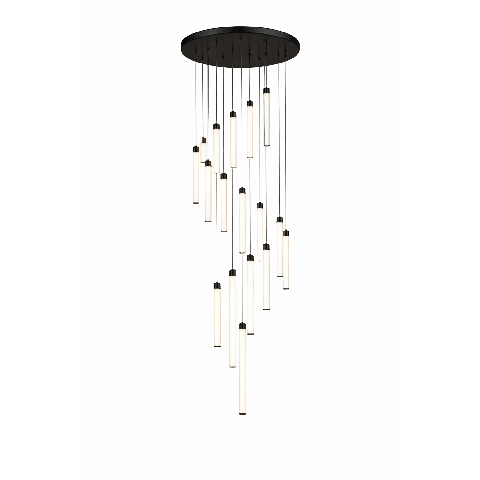 A sophisticated view of the VORELLI Cowley chandelier cast in warm ambient light, accentuating the sleek silhouette of the pendant elements.