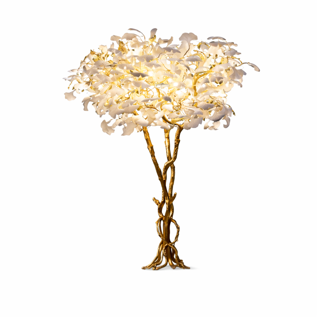 A VORELLI Prano floor lamp creating a refined statement in a cozy reading corner with its understated artistic presence.