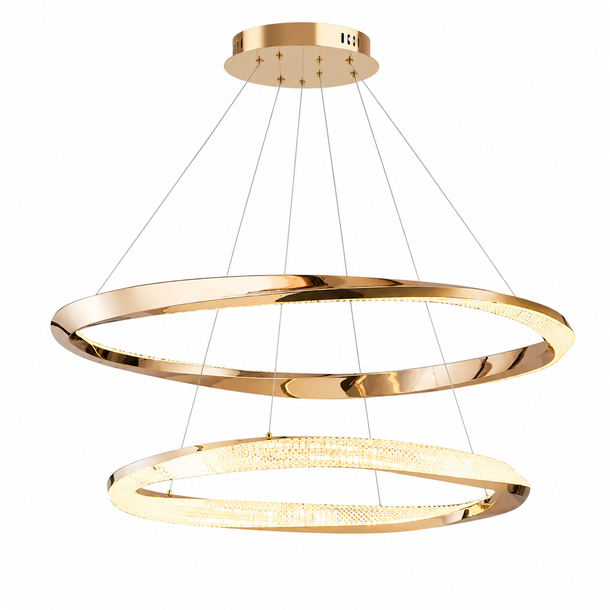 A warm, sophisticated ambiance created by the radiant illumination of the VORELLI Belgravia circular chandelier's interlocking geometric rings.