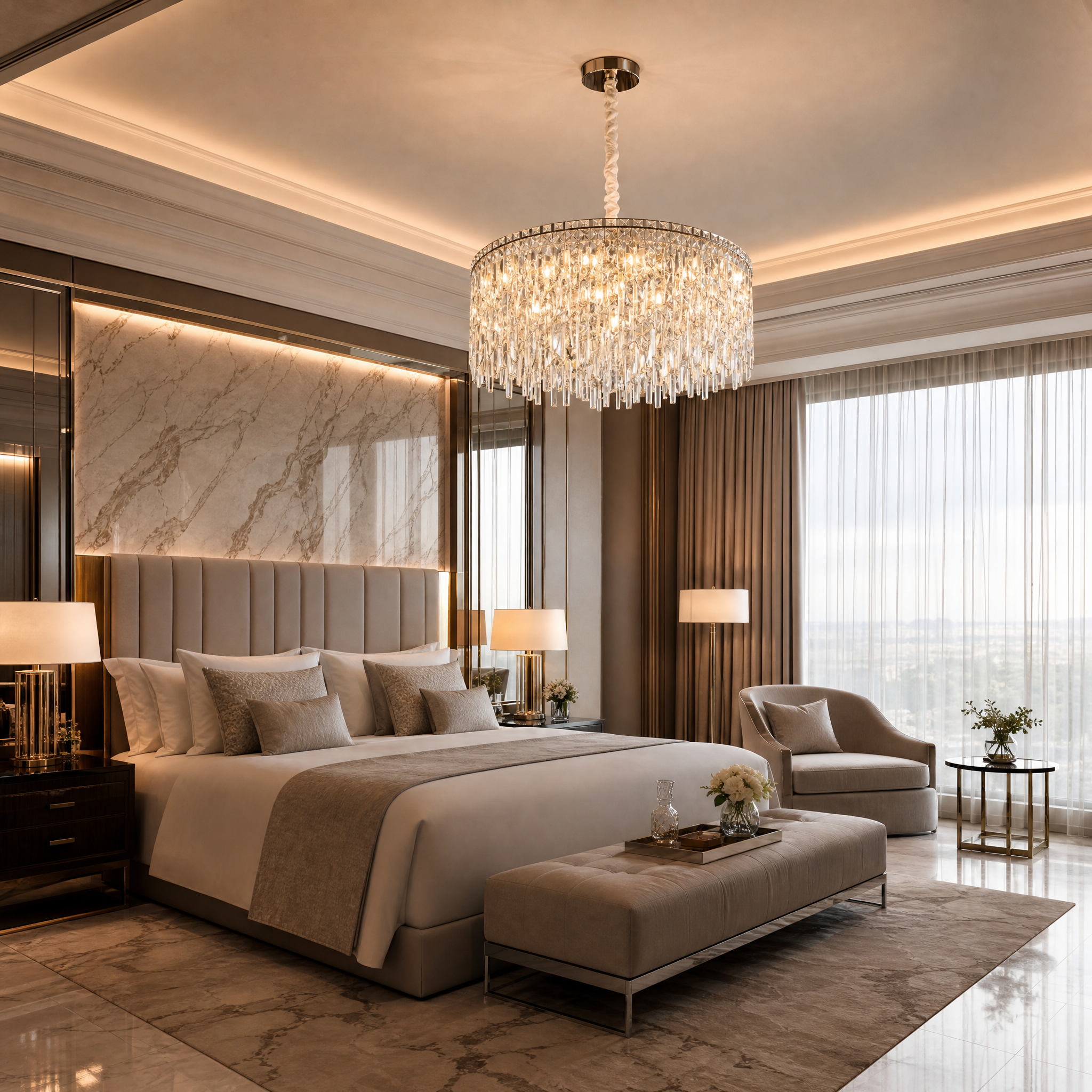 The elegant VORELLI Abruzzi circular chandelier hanging in a grand hospitality lobby, casting a refined shimmer.