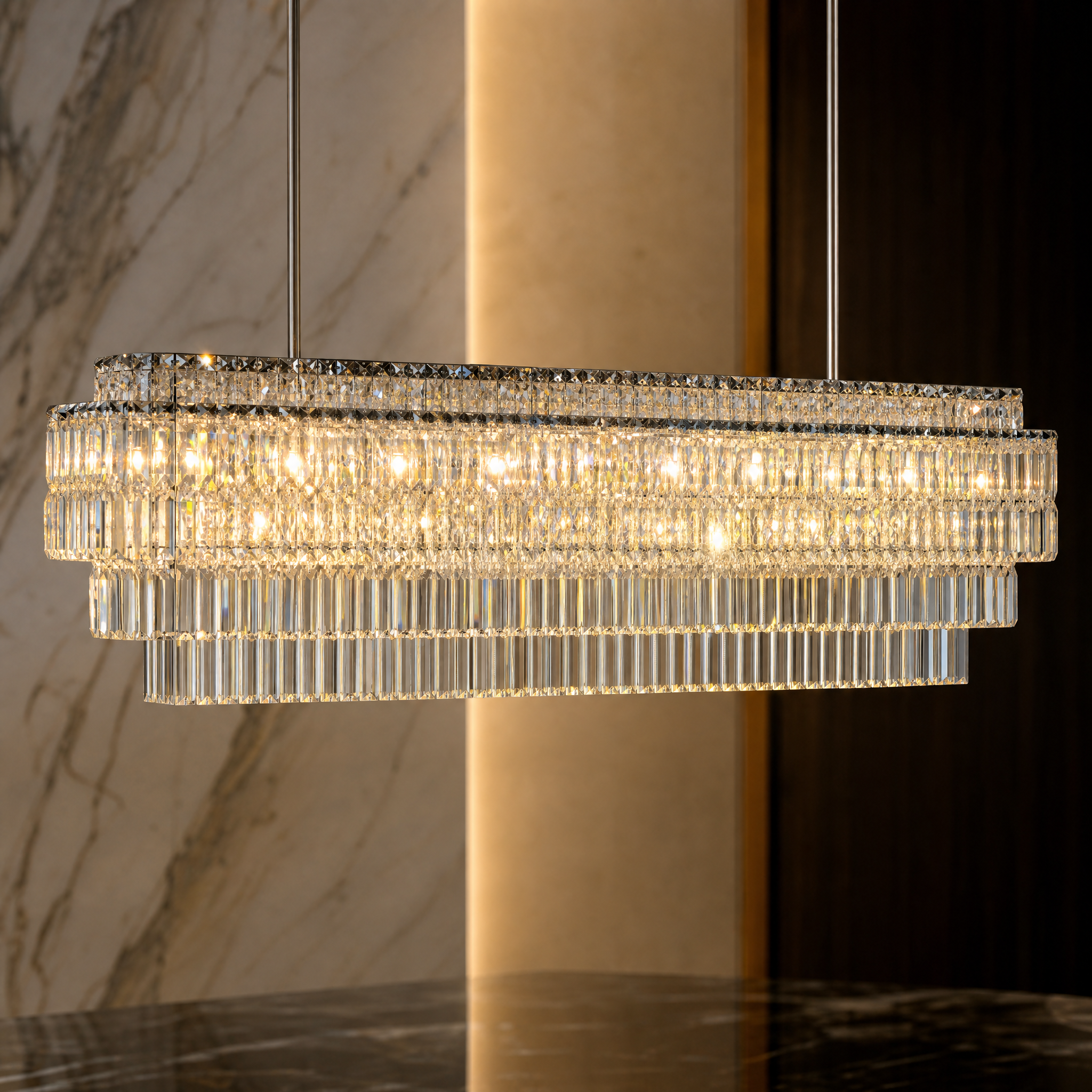 Macro detail shot of the VORELLI Abruzzi Chandelier showing the intricate layout of layered square and rectangular crystal prisms reflecting light.
