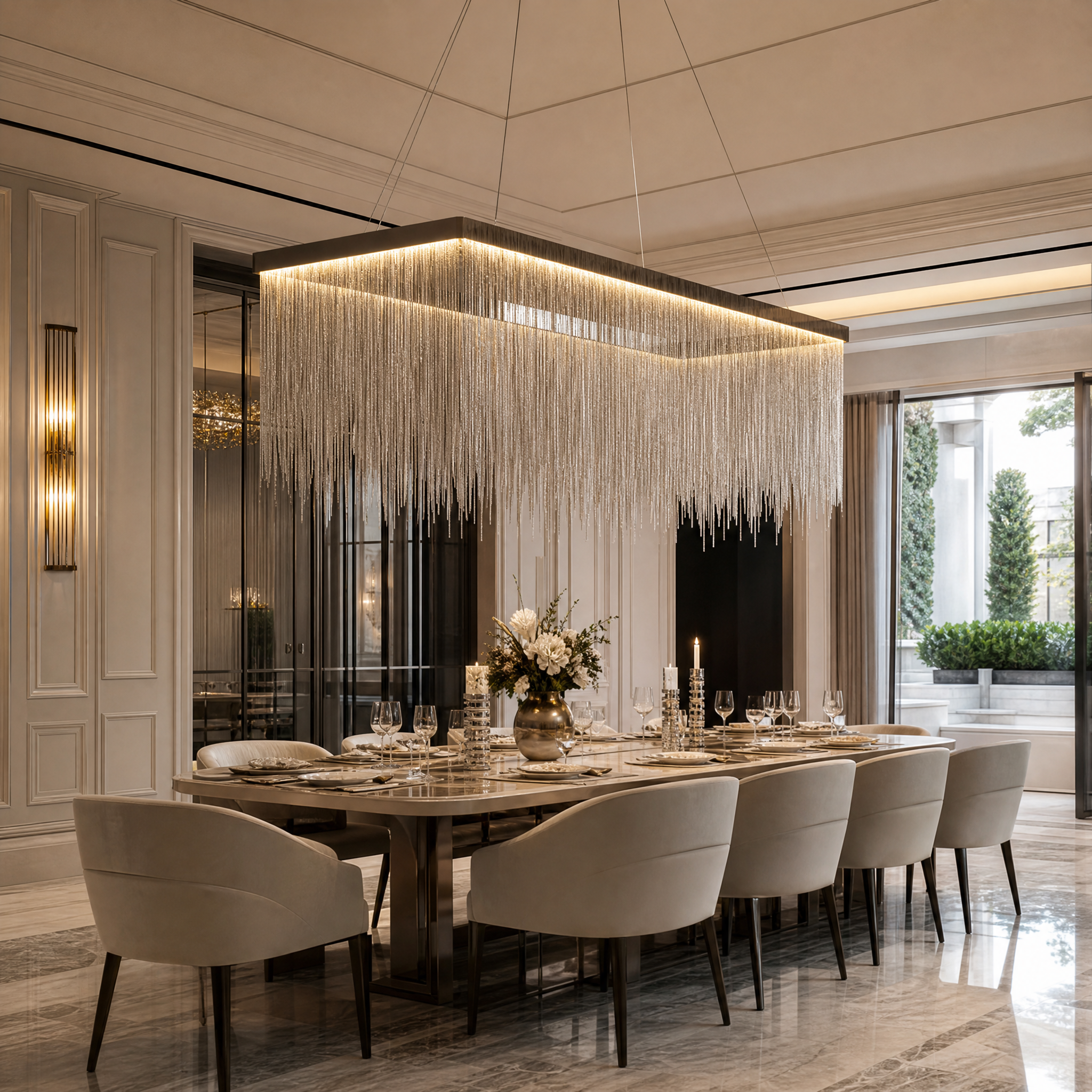 VORELLI Adlington rectangular chandelier with cascading metal chains hanging over a contemporary dining table in a luxury residential home.