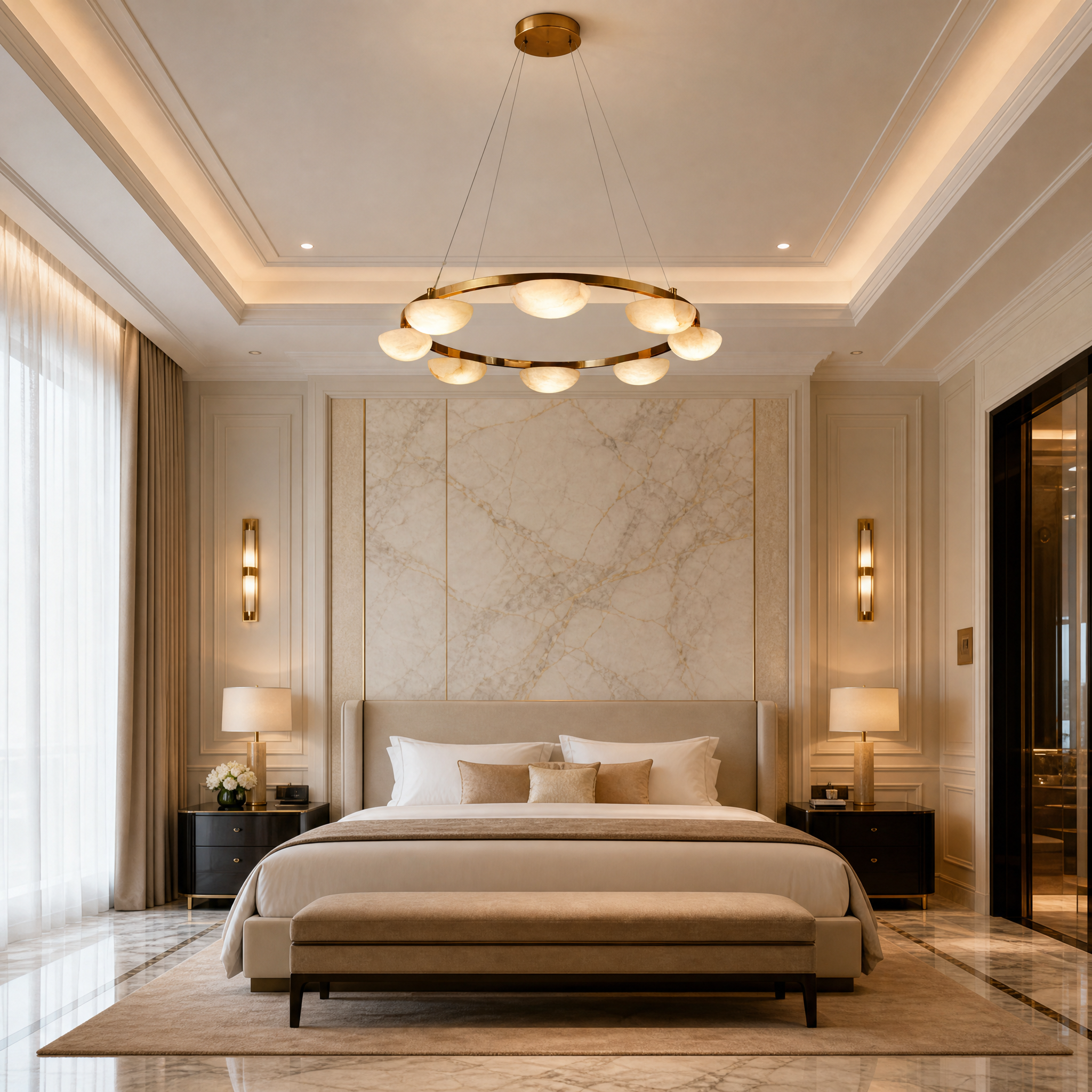 The continuous marble form of the VORELLI Alba circular chandelier creating a serene ambiance in a modern boutique hotel reception area.