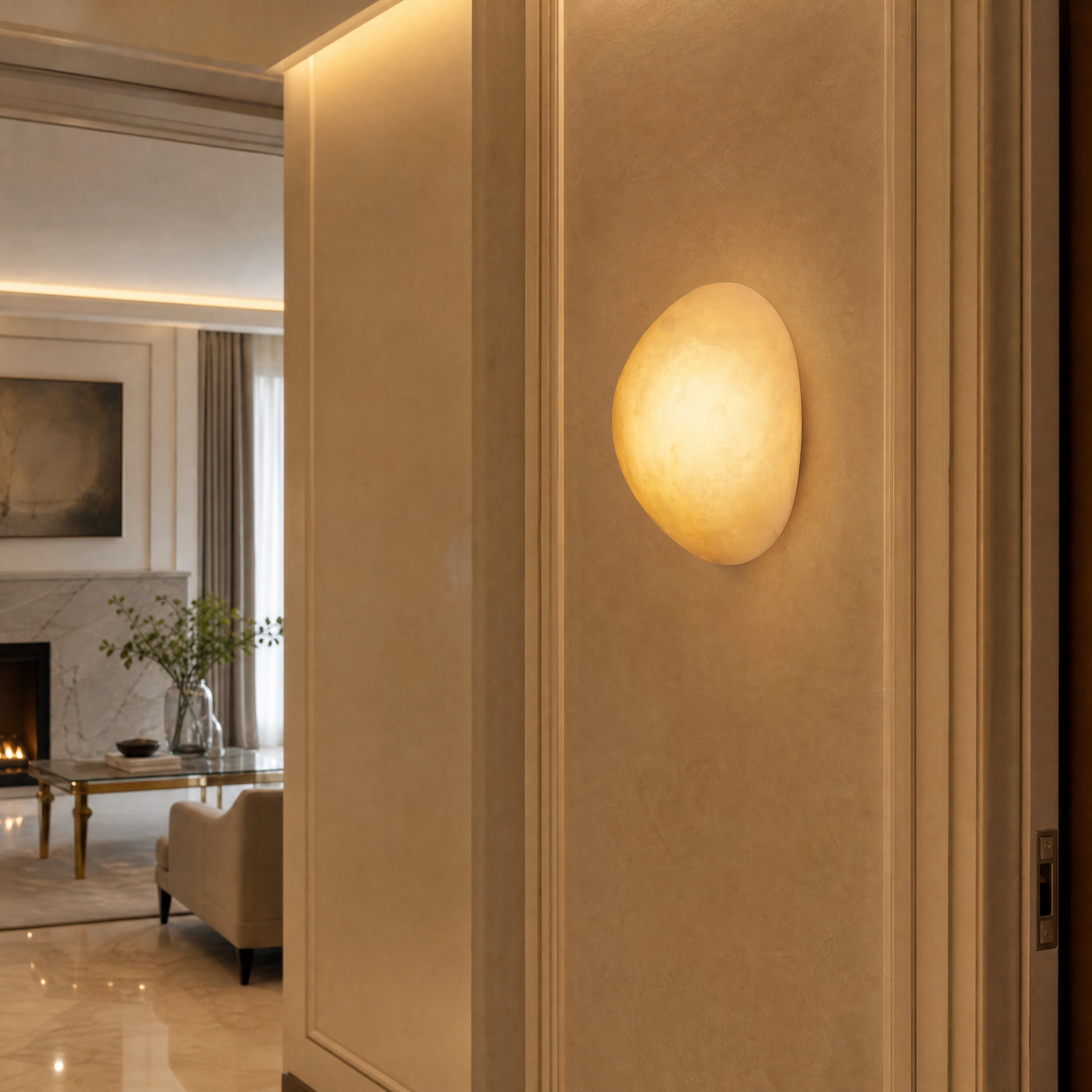 VORELLI Alba Marble Wall Light installed on a contemporary living room wall, casting a soft ambient glow over luxury modern furniture.