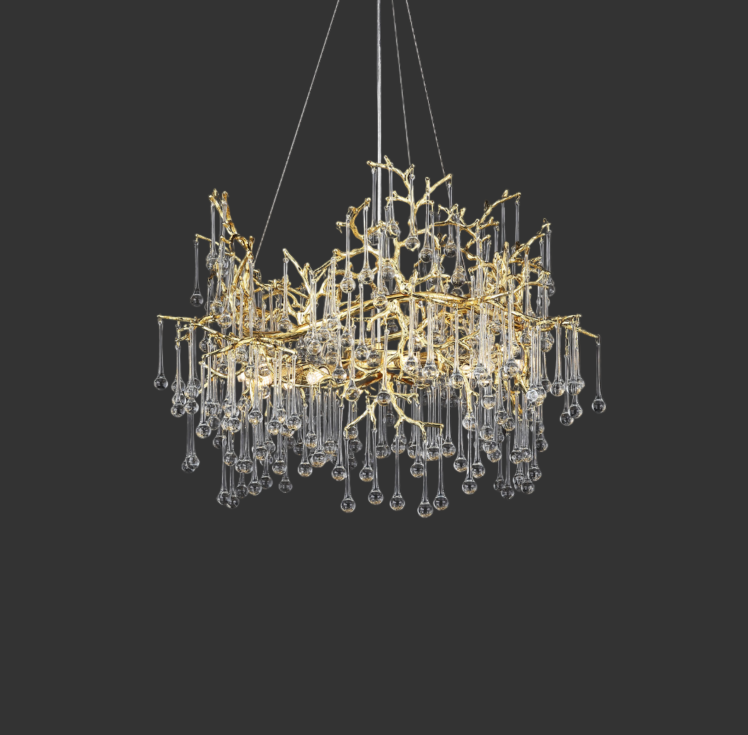 Circular chandelier featuring sculptural branch design with clear crystal droplets