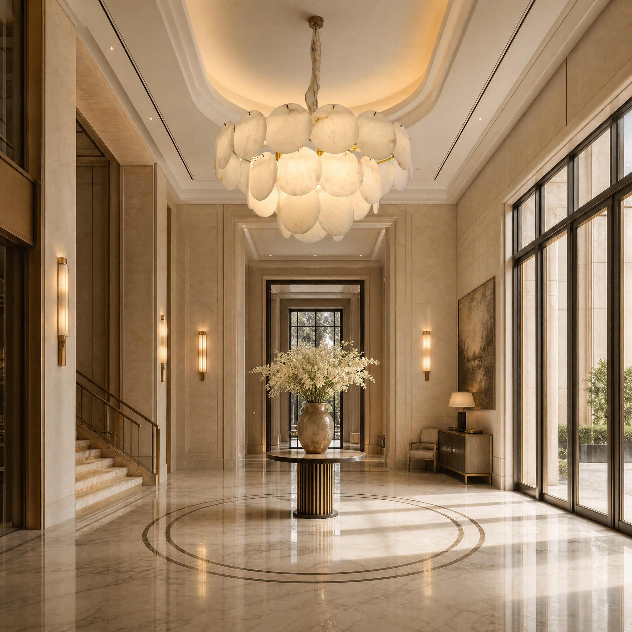 A grand hospitality setting featuring the sculptural VORELLI Alfonso circular chandelier with layered marble discs creating sophisticated lighting.