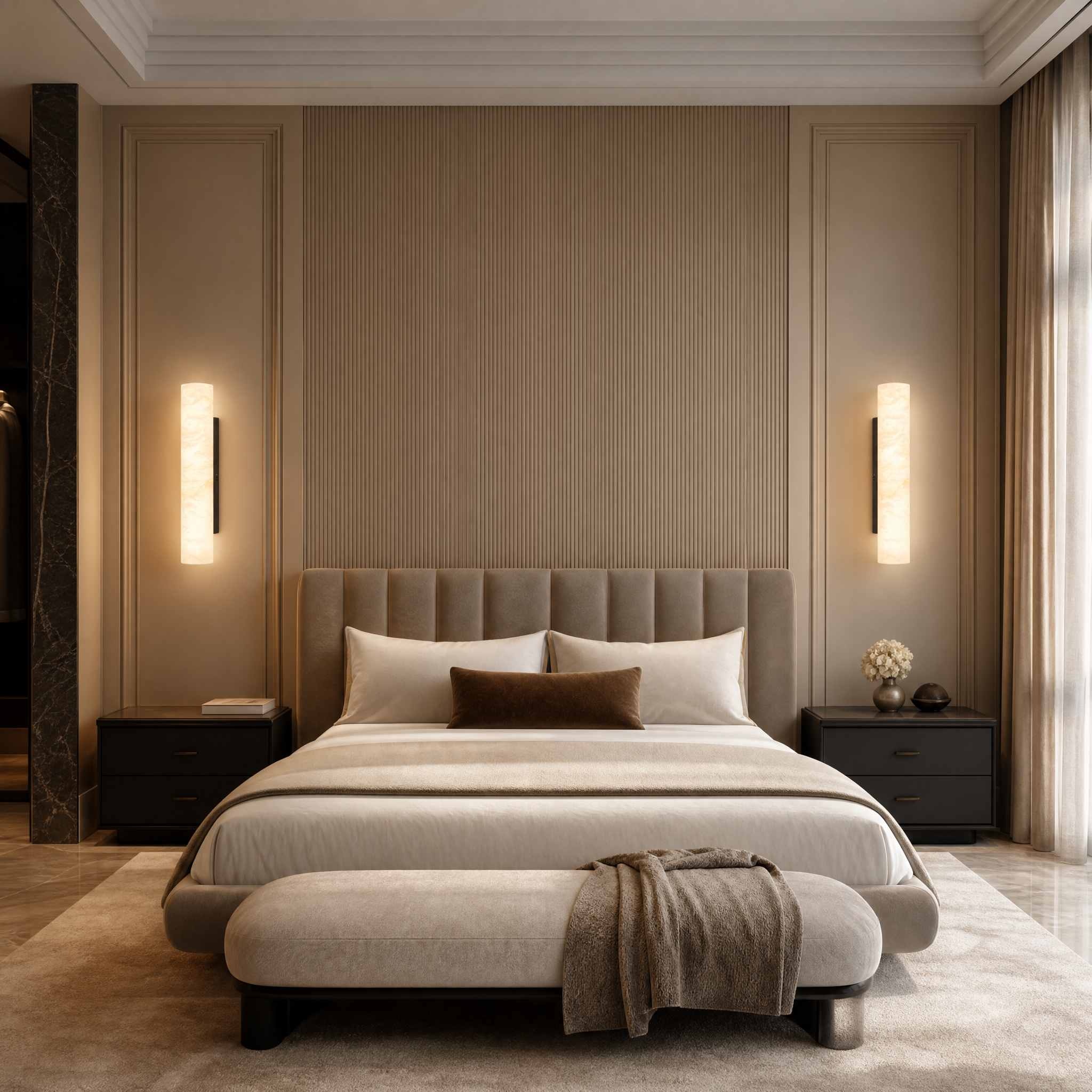 VORELLI Alvara Marble Wall Light illuminating a luxury residential living room with a warm, elegant glow against modern decor.