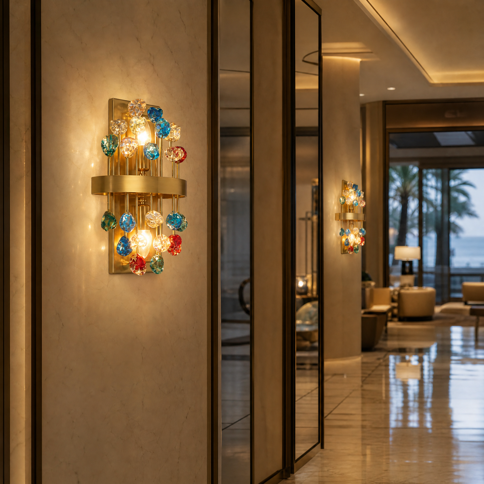 A sophisticated hospitality setting featuring a row of Alytus Wall Lights illuminating a high-end hotel corridor with elegant, creative ambiance.