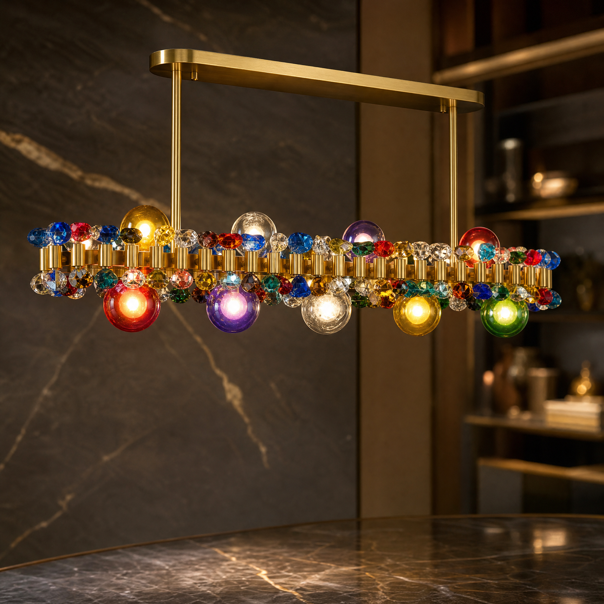 Macro view of the playful artistry and distinctive crystal details on the VORELLI Alytus Rectangular Chandelier II.