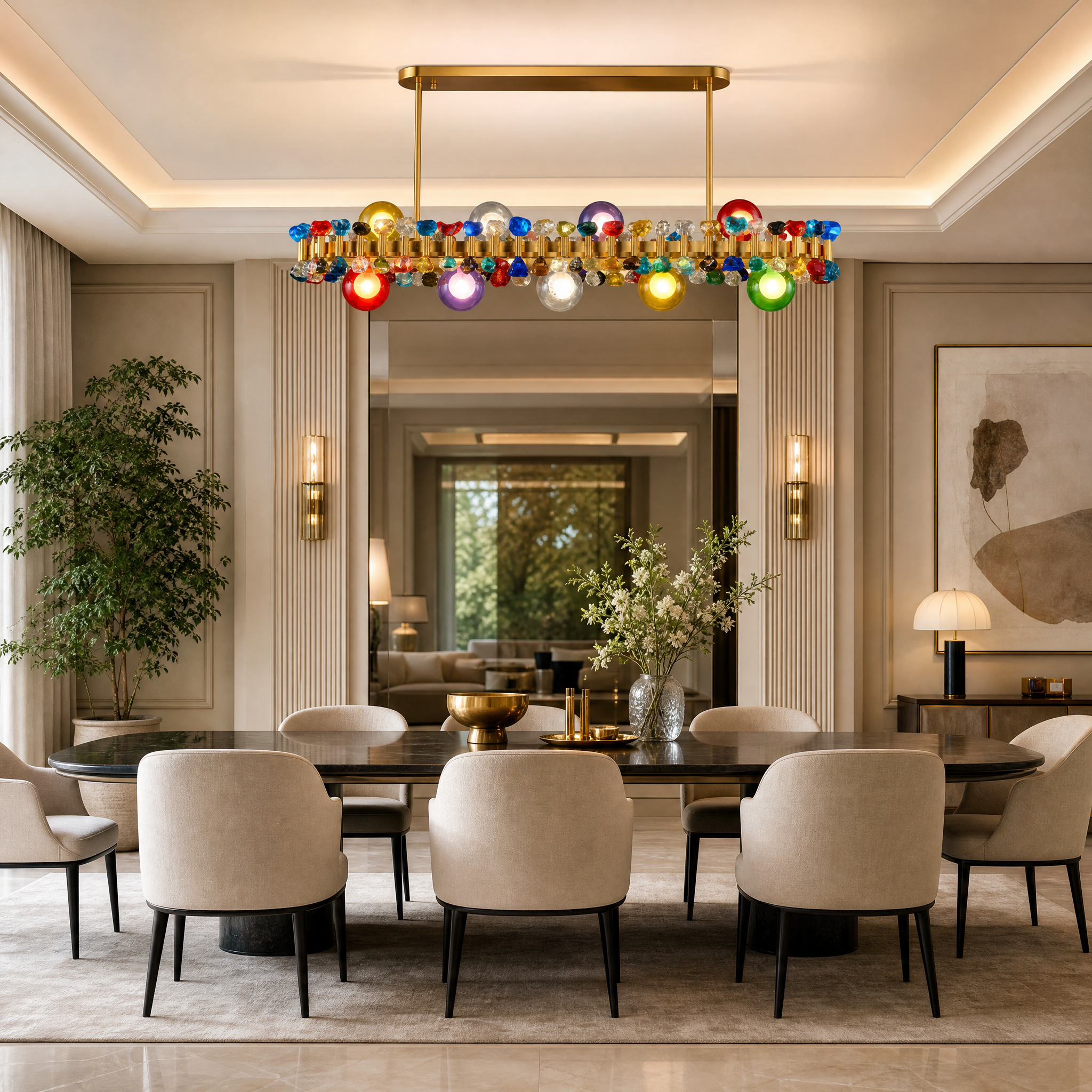 VORELLI Alytus Rectangular Chandelier II illuminating a luxury residential dining room with modern crystal details.