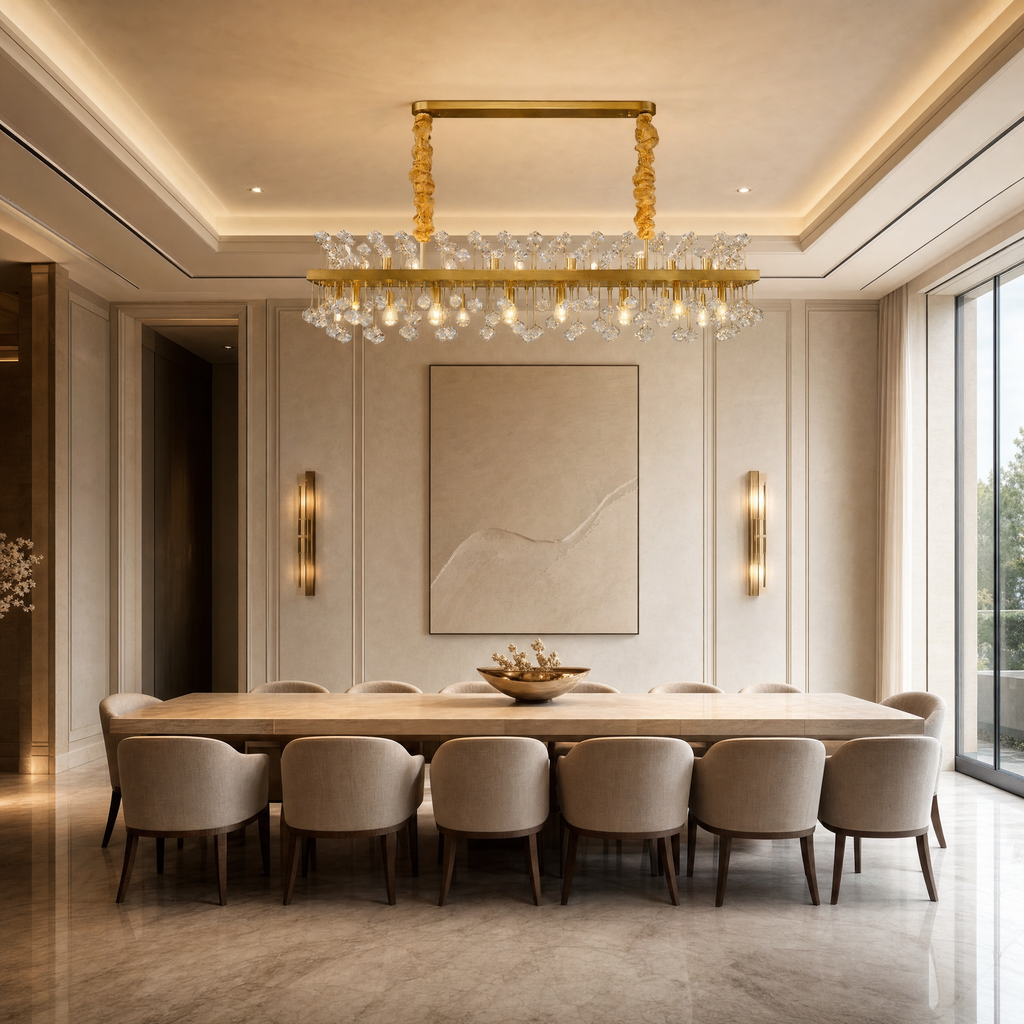 VORELLI Alytus rectangular crystal chandelier illuminating a modern luxury residential dining room table setup.