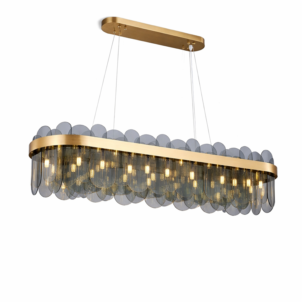 Ambient mood lighting from the VORELLI Valparaíso rectangular luxury chandelier reflecting softly off its premium brushed copper frame.