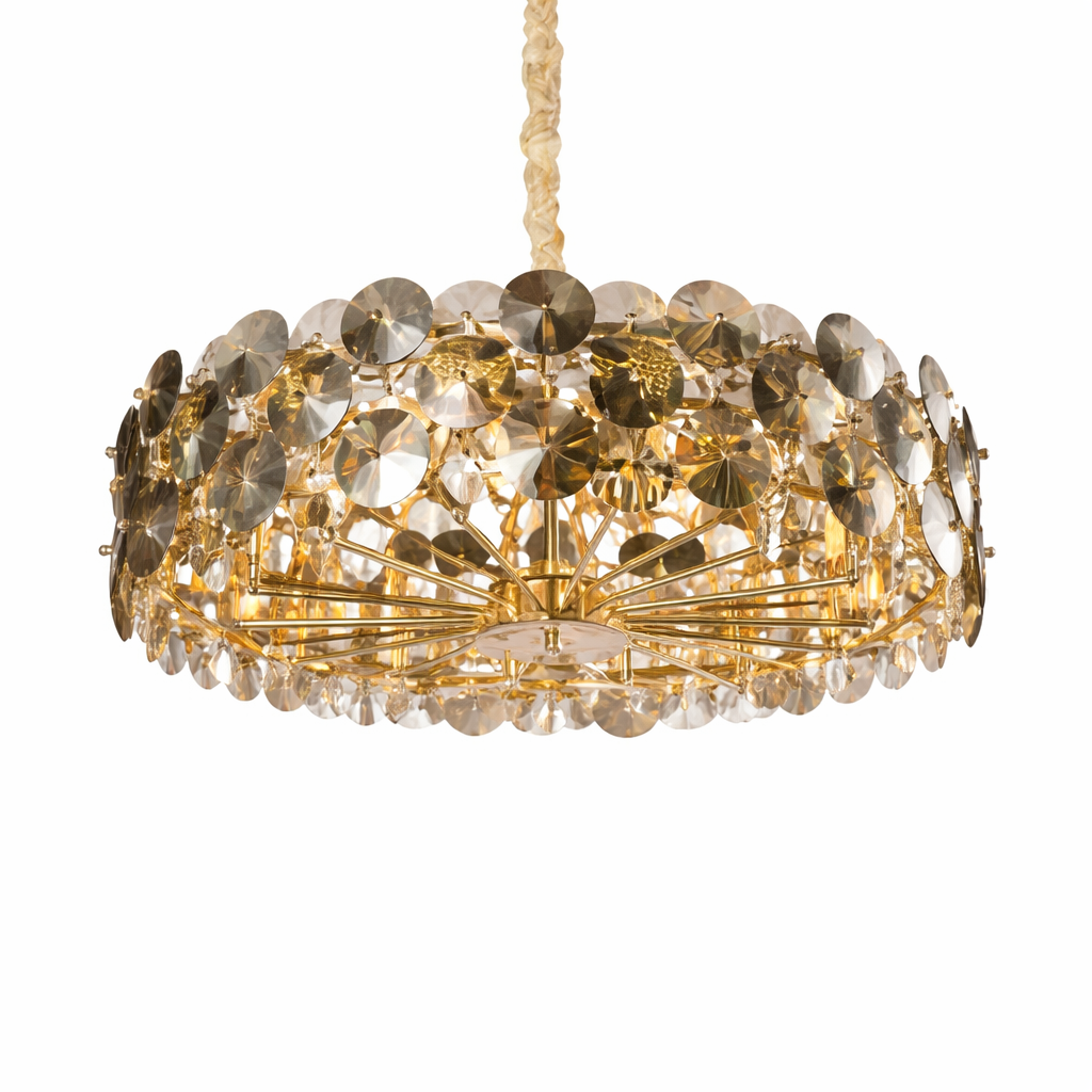 An artistic mood shot of the VORELLI Lorenzo circular chandelier emphasizing its luxurious style and intricate crystal arrangement.