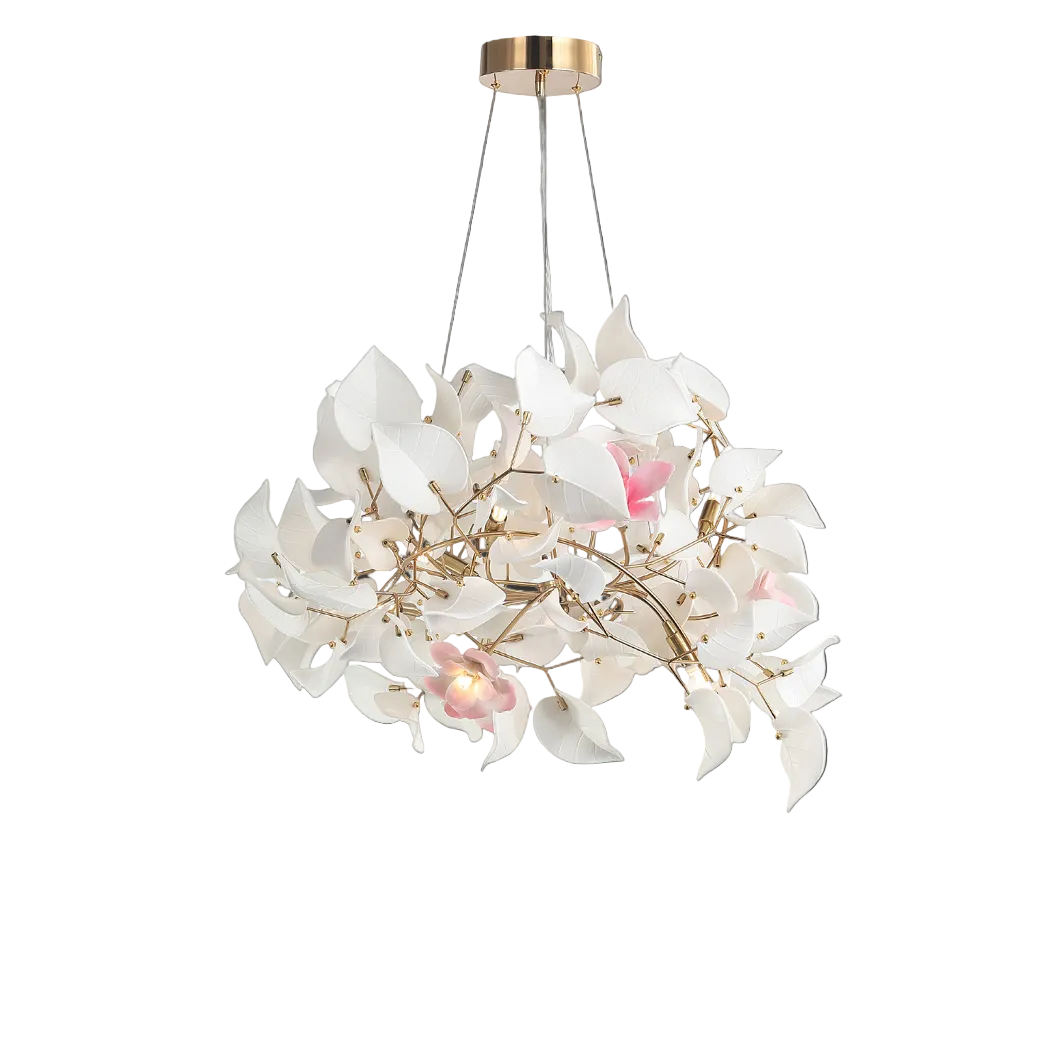 An atmospheric, mood-lit view of the Fiorella Circular Chandelier II, highlighting the artistic elegance of its circular frame and delicate floral details.