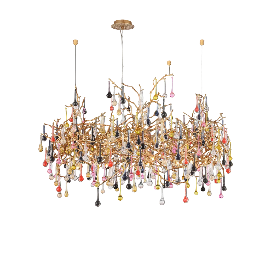An atmospheric mood shot of the L'Albero d'Oro rectangular chandelier, emphasizing the artistic contrast between the golden sculptural frame and brilliant glass droplets.
