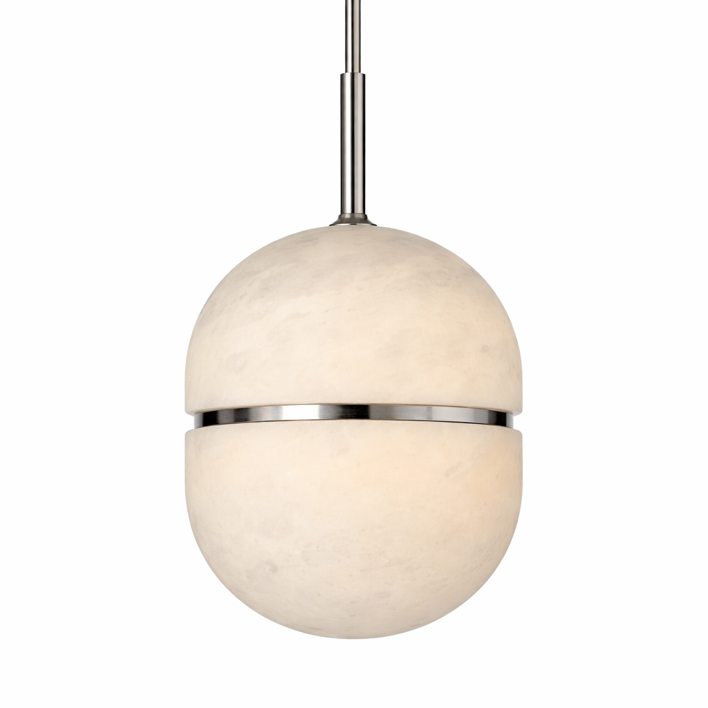 An atmospheric mood shot of the VORELLI Evora pendant casting a gentle, luxurious glow, perfect for setting a tranquil yet elegant tone in modern interiors.