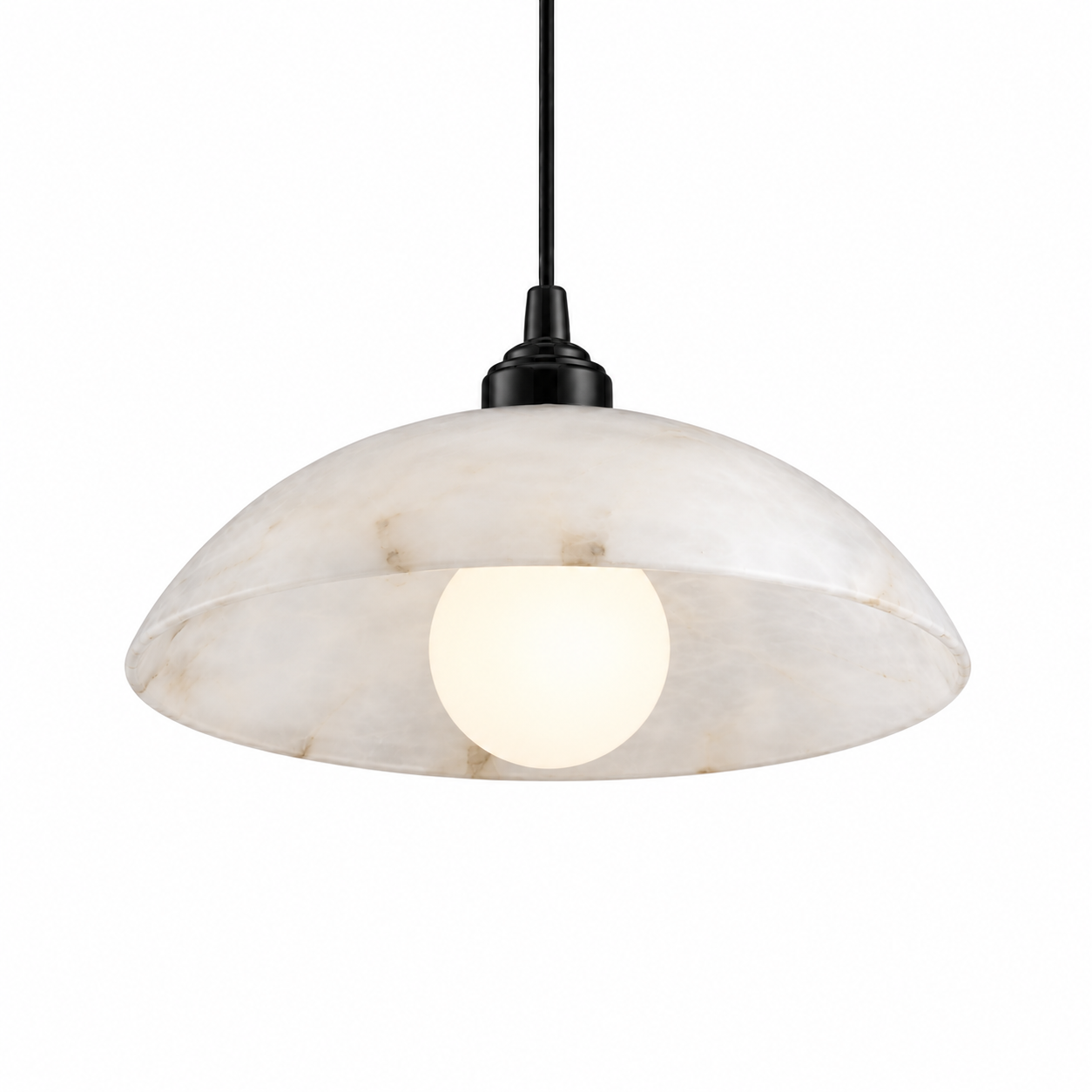 An atmospheric shot of the minimalist yet elegant VORELLI Alessia natural stone pendant lamp, perfectly balancing modern simplicity with premium architectural design.