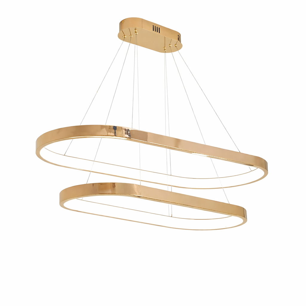 An atmospheric view highlighting the sleek silhouette and opulent glow of the Veneto Ring Rectangular Chandelier.
