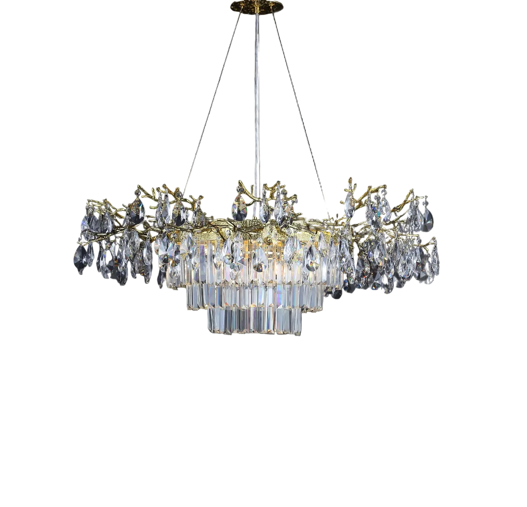 An atmospheric view of the Dewdrop Circular Chandelier V by VORELLI, showcasing the intricate interplay of light and shadow through its cascading crystal facets.