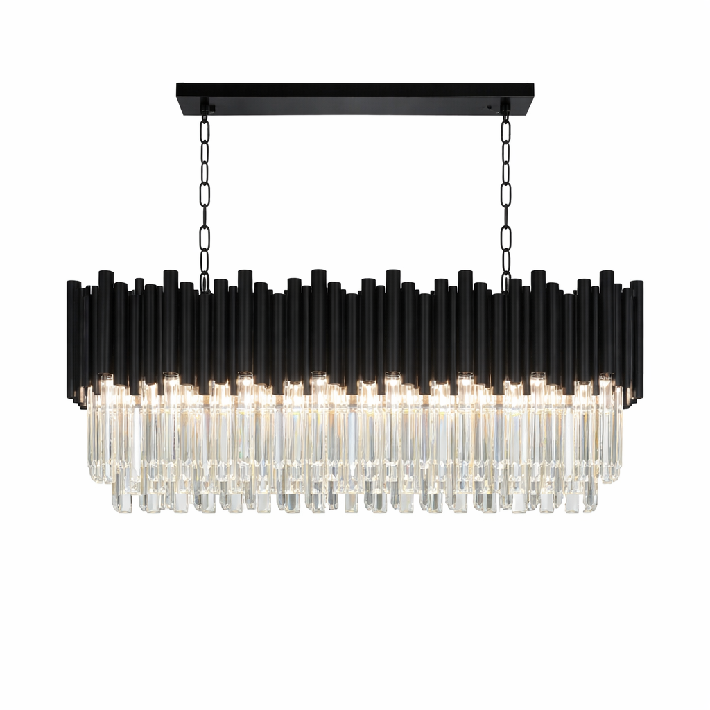 An atmospheric view of the Gotham Rectangular Chandelier by VORELLI, highlighting its striking silhouette and moody, sophisticated architectural presence.