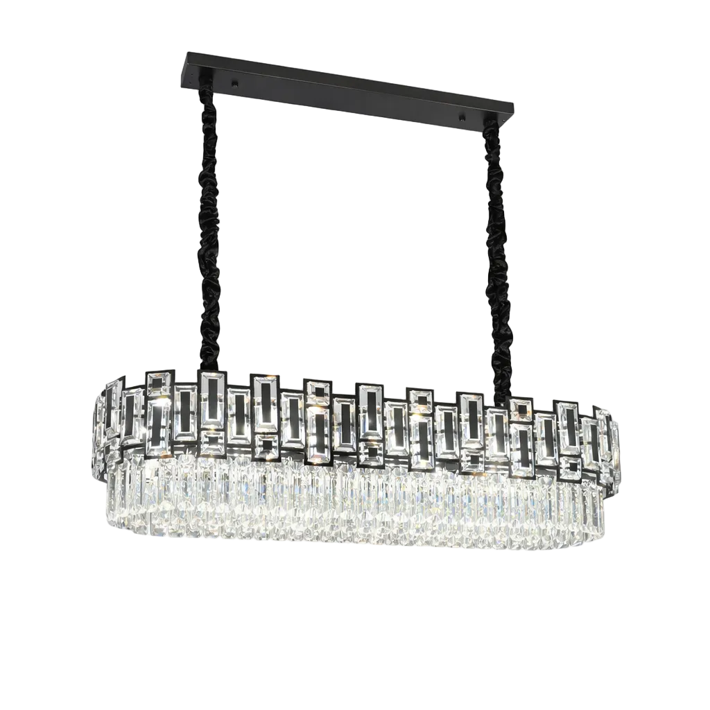 An atmospheric view of the VORELLI Belvedere rectangular chandelier, emphasizing the opulent mood and cascading light through premium geometric crystals.