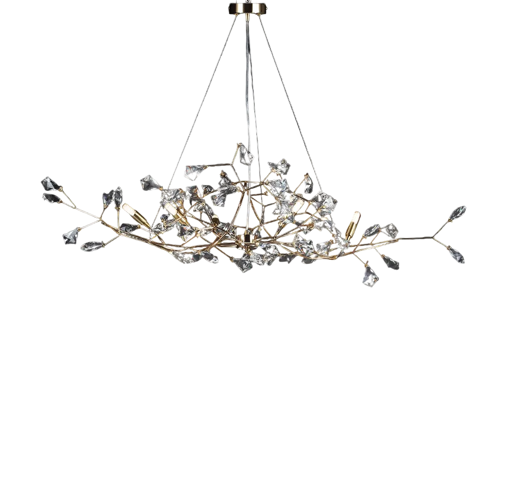 An atmospheric view of the VORELLI Brisella rectangular chandelier, casting a sophisticated mood with light refracting through its geometric crystal facets.