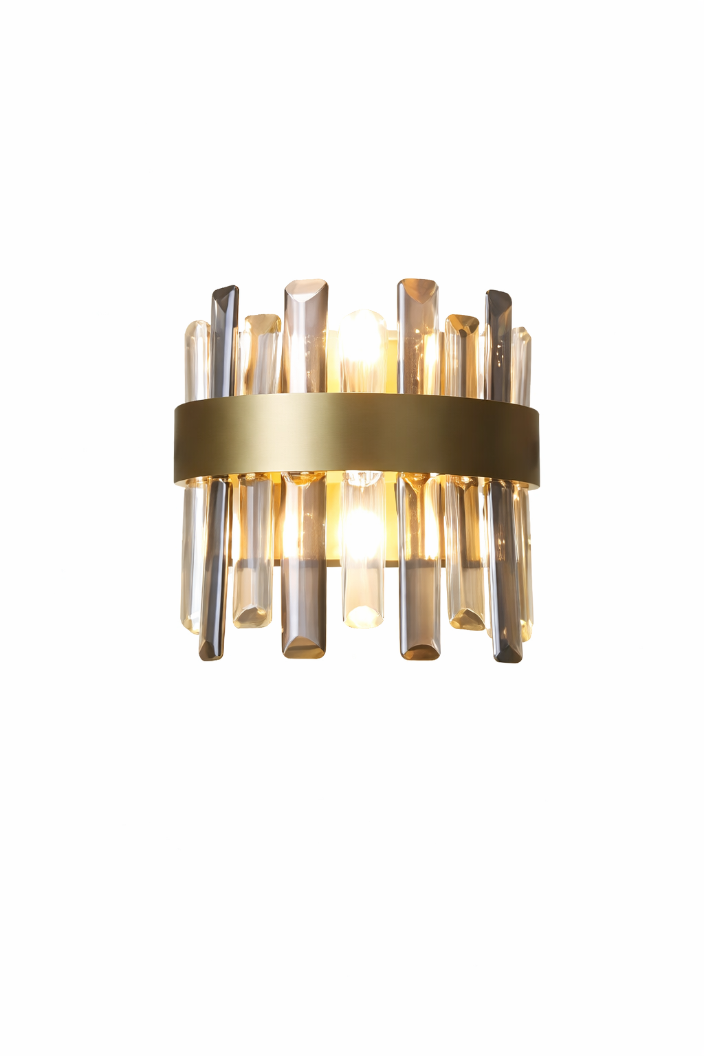 An elegant display of the VORELLI Figueroa wall light showcasing the rich contrast between smoky grey diamond-cut crystals and a polished stainless steel frame.