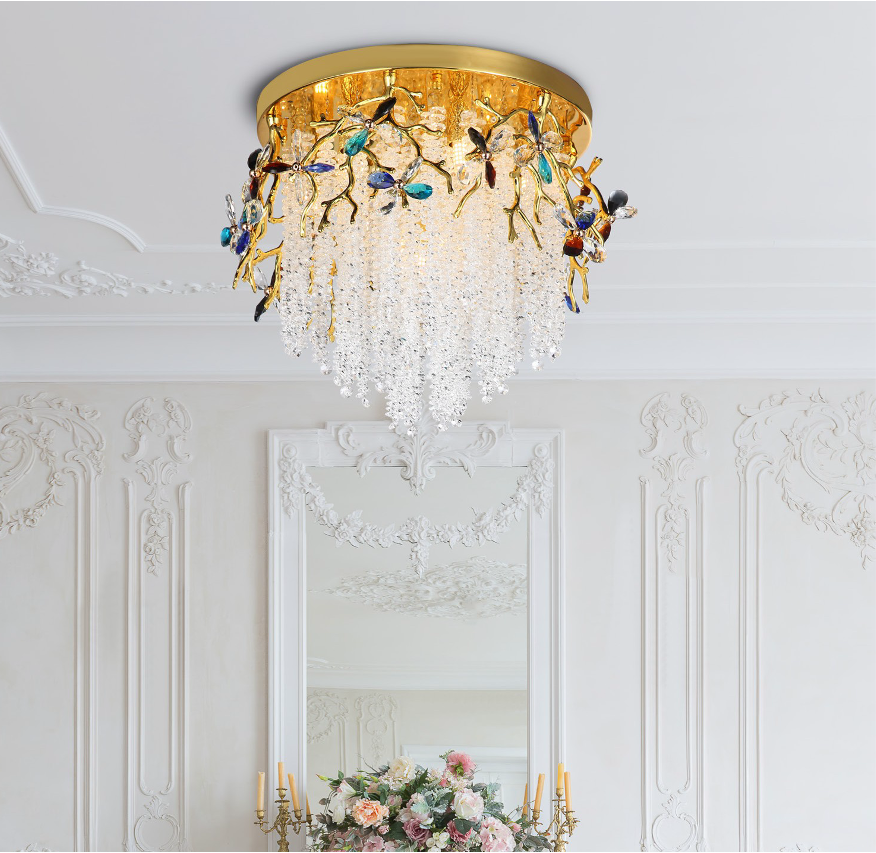An elegant hospitality lounge featuring the cascading organic forms of the VORELLI Wisteria luxury ceiling light.