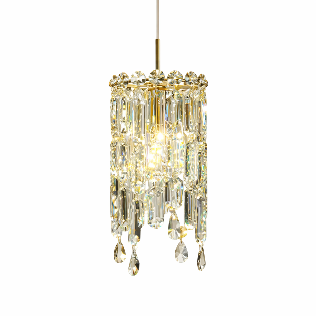 An elegant side-angle shot of the VORELLI Abruzzi crystal pendant light, emphasizing its sleek, modern artistic silhouette and radiant shimmer.
