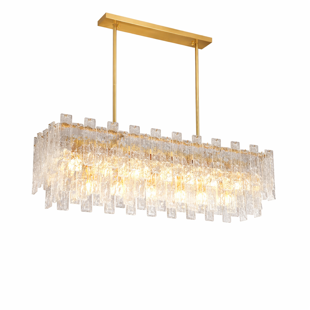Angled view of the Ambani rectangular chandelier by VORELLI, showcasing the modern silhouette and glowing cracked glass layers.