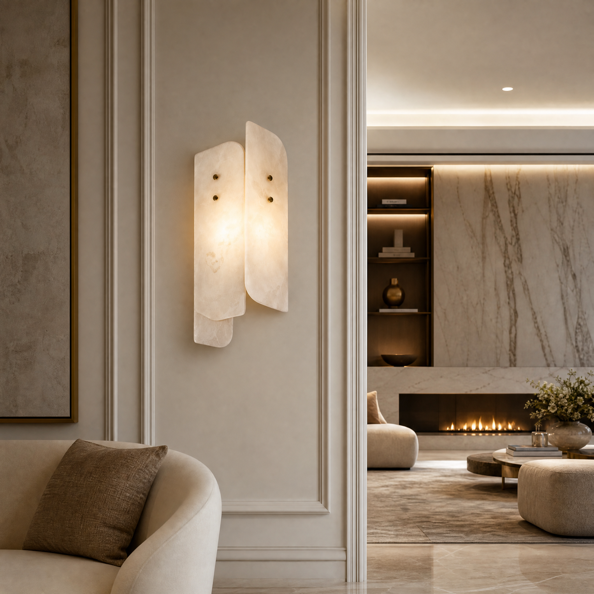 The Antonio Marble Wall Light casting a warm, ambient glow on a contemporary living room wall, accentuating luxury residential decor.